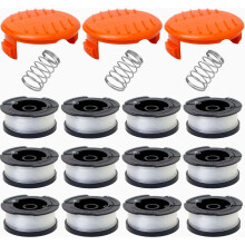 Pacote com 12 bobinas de fio para aparador de grama, 1,65 mm x 10 m, compatíveis com aparadores de grama. Inclui 12 bobinas de reposição e 3