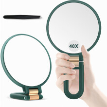 Espelho de mão com aumento de 40x, dupla face (1x/40x), portátil e dobrável, ideal para maquiagem, uso na mesa e no banheiro, verde.