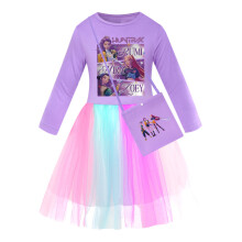 (Lace Purple, 110cm) Kpop Demon Hunters Girl Princess Dress Cotton Fabric Pleated Summer Spring Skirt
