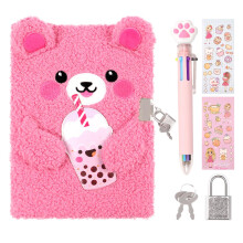 ENYILEE Bear Diary with Lock for 6 7 8 Year Old Girl,Kids Journal Notebook Set with Multicolored Pen,Plush Secret Diary Lined 160 Pages,Christmas