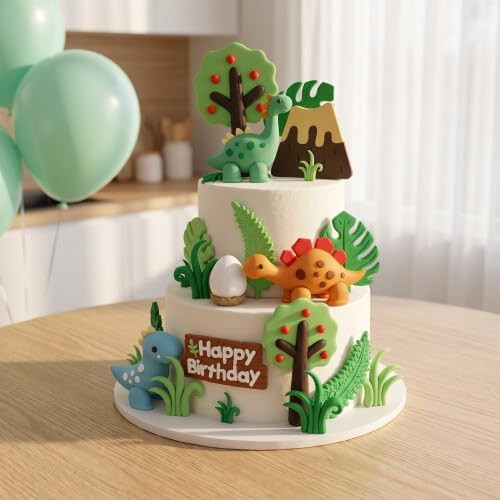 16Pcs Dinosaurs Cake Decoration, 3D Jungle Dino Egg Leaf Tree Decor 2