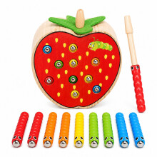 Wooden Strawberry Worm Catching Game with Magnetic Wand, Age 3+
