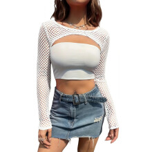 Mesh Fishnet Tops for Women Long Sleeve Shrug Fishnet Novelty Crop Tops Y2K Clubwear Ladies Disco Retro Outfit 1980s Costume