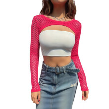 Mesh Fishnet Tops for Women Long Sleeve Shrug Fishnet Novelty Crop Tops Y2K Clubwear Ladies Disco Retro Outfit 1980s Costume