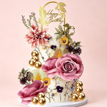 23 Pcs Purple & Gold Floral Cake Decorations for Birthday
