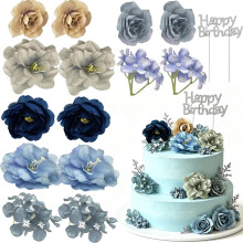 15 Pcs Blue Black Silver Flower Cake Toppers for Birthday Parties