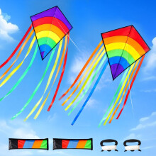 2PCS Diamond Kites, Rainbow Eddy Diamond Kite with Long Tail, Simple Kids Kite for Beach Game Summer Outdoor Activities, Easy to Carry & Assemble