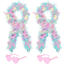 SHENYI 4Pcs Colorful Fancy Dress Feather Boa Set, 4ft Feather Boa with Heart Rimless Sunglasses for Women