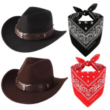 Cowboy Costume Accessory Set -2PCS Western Cowboy Hat with 2PCS Bull Skull Band, Paisley Bandana, Available in Black/Brown