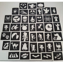 Stencil Brand 50 Halloween Themed TEMPORARY_TATTOO for All Ages, Glitter/Airbrush/Face Painting, Ghost Witch Monster