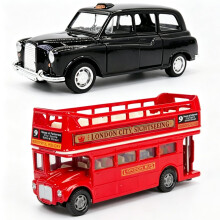 Bus Toy Double Decker and Taxi Toy Vehicle, Alloy Diecast Pull Back Bus Toy Vehicles, 1:64 Scale Pull-Back Buses