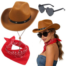 Cowgirl Hut 3PCS Cowboy Set fur Damen mit Sonnenbrille und Halstuch Breite Krempe Kostum Accessoires fur Halloween Karneval Cosplay