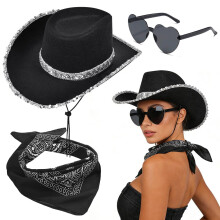 Cowgirl Hut 3PCS Cowboy Set fur Damen mit Sonnenbrille und Halstuch Breite Krempe Kostum Accessoires fur Halloween Karneval Cosplay