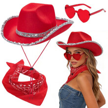 Cowgirl Hut 3PCS Cowboy Set fur Damen mit Sonnenbrille und Halstuch Breite Krempe Kostum Accessoires fur Halloween Karneval Cosplay