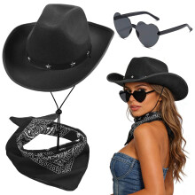 Cowgirl Hut 3PCS Cowboy Set fur Damen mit Sonnenbrille und Halstuch Breite Krempe Kostum Accessoires fur Halloween Karneval Cosplay