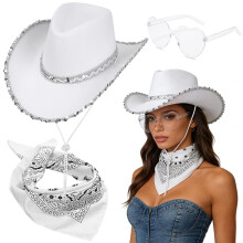 Cowgirl Hut 3PCS Cowboy Set fur Damen mit Sonnenbrille und Halstuch Breite Krempe Kostum Accessoires fur Halloween Karneval Cosplay