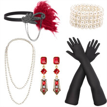 DRESHOW 1920s Accessories Headband Necklace Gloves Flapper Costume Accessories Set for Women