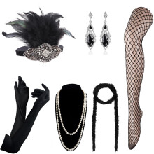 DRESHOW 1920s Accessories Headband Necklace Gloves Flapper Costume Accessories Set for Women
