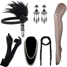 DRESHOW 1920s Accessories Headband Necklace Gloves Flapper Costume Accessories Set for Women