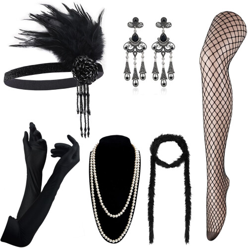 DRESHOW 1920s Accessories Headband Necklace Gloves Flapper Costume Accessories Set for Women