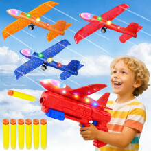 Airplane Launcher Toys, 3 Pack LED Throwing Glider Plane, Catapult Aeroplane Toy with Red Gun, Includes 6 Soft Darts