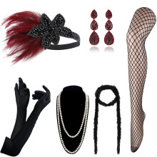 DRESHOW 1920s Accessories Headband Necklace Gloves Flapper Costume Accessories Set for Women