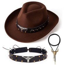 Cowboy Hat Set Adults, Western Cowgirl Kit with Bull Head Decor, Necklace & Belt, Adjustable Chin Strap Vintage Wild West for Women Men