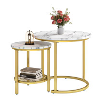 2-Piece Nesting Coffee Table Set - Round Wood Top & Metal Frame with Storage, 60x60x50.5cm