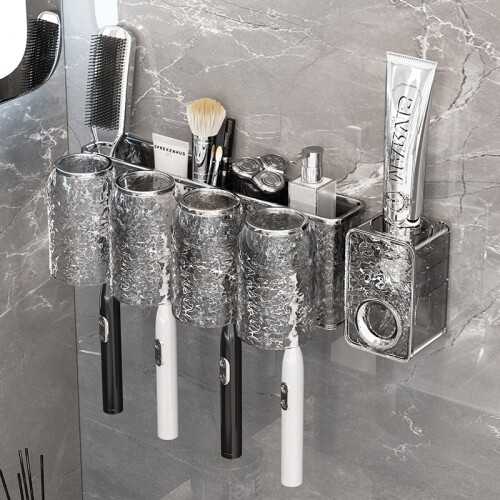 (Gray 2pcs Cup)Multicup Wallmounted Toothbrush Rack For Bathroom Storage And Tool Hygiene 1