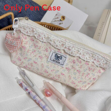 (Pink) Style Canvas Korean Lace Edge Cat Pencil Case For Girls Storage School Supplies
