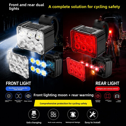 (Red)Bicyclefront And Rear Led Lights Usb Rechargeable Headlight Lamp Riding Commuting Daily 2