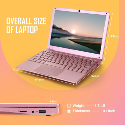 Windows 11 Laptop 10in Quad Core Notebook 8GB+128GB With Bluetooth WiFi Pink