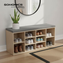 Entryway Storage Bench - Wood - Oak - 10-Compartment Shoe Organizer with Cushion