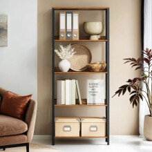 5-Tier Bookcase - Wood and Metal - Rustic Brown and Ink Black - Industrial Design with Back Panels