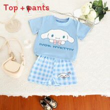 (Blue,140cm)Summer Baby Hello Kitty Melody Cinnamoroll Kuromi Cartoon Suit Tshirt Checked Shorts Set Casual