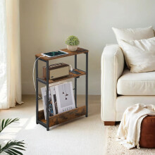 3-Tier Narrow Bedside Table - Wood - Brown - Compact Design with Charging Station and Magazine Rack