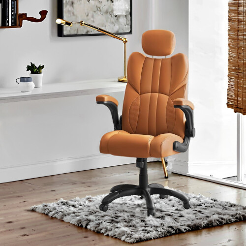 Ergonomic Gaming Chair - PU - Brown - Adjustable Headrest, Foldable Armrests, Swivel Tilt Function