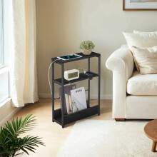 3-Tier Narrow Bedside Table - Wood - Black - Compact Design with Charging Station and Magazine Rack