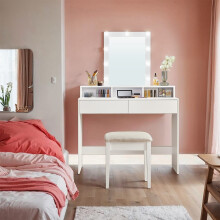 Dressing Table - Wood - Modern - LED Lights with Adjustable Brightness, Mirror, 2 Drawers and 3 Compartments