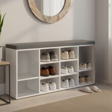 Entryway Storage Bench - Wooden - White - 10-Compartment Shoe Organizer with Cushion