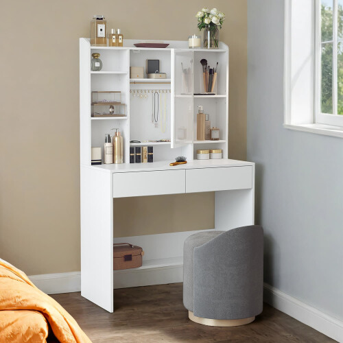 Vanity Table - Wood - White - Modern Design with LED Lights and Adjustable Shelves