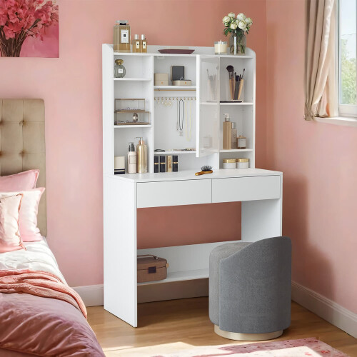 Vanity Table - Wood - White - Modern Design with LED Lights and Adjustable Shelves 1