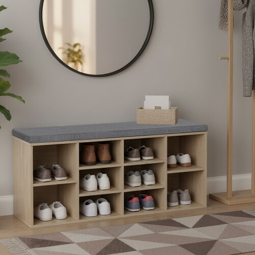 Entryway Storage Bench - Wood - Oak - 10-Compartment Shoe Organizer with Cushion 1