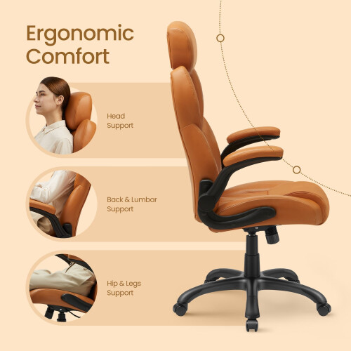 Ergonomic Gaming Chair - PU - Brown - Adjustable Headrest, Foldable Armrests, Swivel Tilt Function 2