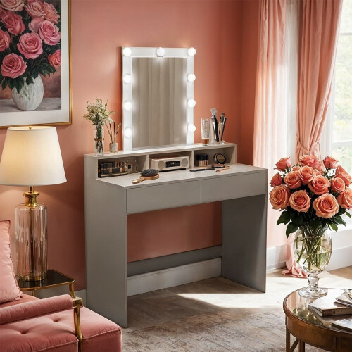 Dressing Table - Wood - Modern - LED Lights with Adjustable Brightness, Mirror, 2 Drawers and 3 Compartments 1