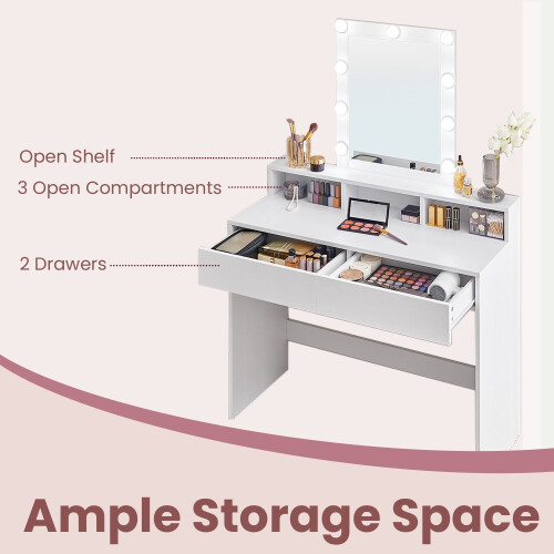 Dressing Table - Wood - Modern - LED Lights with Adjustable Brightness, Mirror, 2 Drawers and 3 Compartments 2