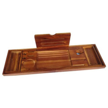 Bathtub Storage Rack Adjustable Width Wood Bath Organizer Built-in Wine Holder Tablet Book Stand Water-Resistant Finish