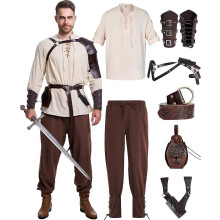 (Large, Vintage Color) 8 Pcs Men's Renaissance Costume Halloween Medieval Pirate Shirt Pant Viking Costume Accessories Set