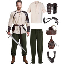 (Small, Stylish Color) 8 Pcs Men's Renaissance Costume Halloween Medieval Pirate Shirt Pant Viking Costume Accessories Set
