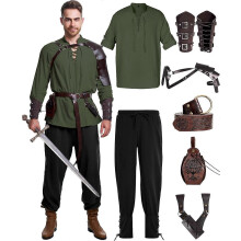 (Large, Vivid Color) 8 Pcs Men's Renaissance Costume Halloween Medieval Pirate Shirt Pant Viking Costume Accessories Set